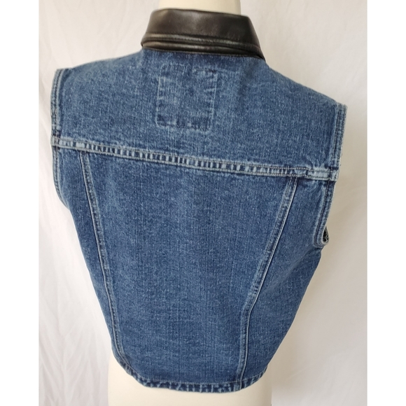 Vintage 90s Denim Vest with Faux Leather Collar - Picture 2 of 3